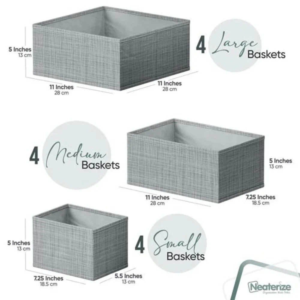 Grey Drawer Organizer Set 12 Dresser Nursery Closet Clothes Storage Bins